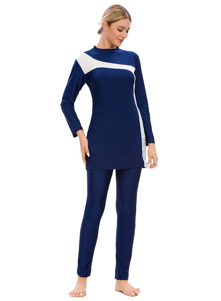 3 Piece Patchwork Conservative Beach Swimsuit Blue - Image 1